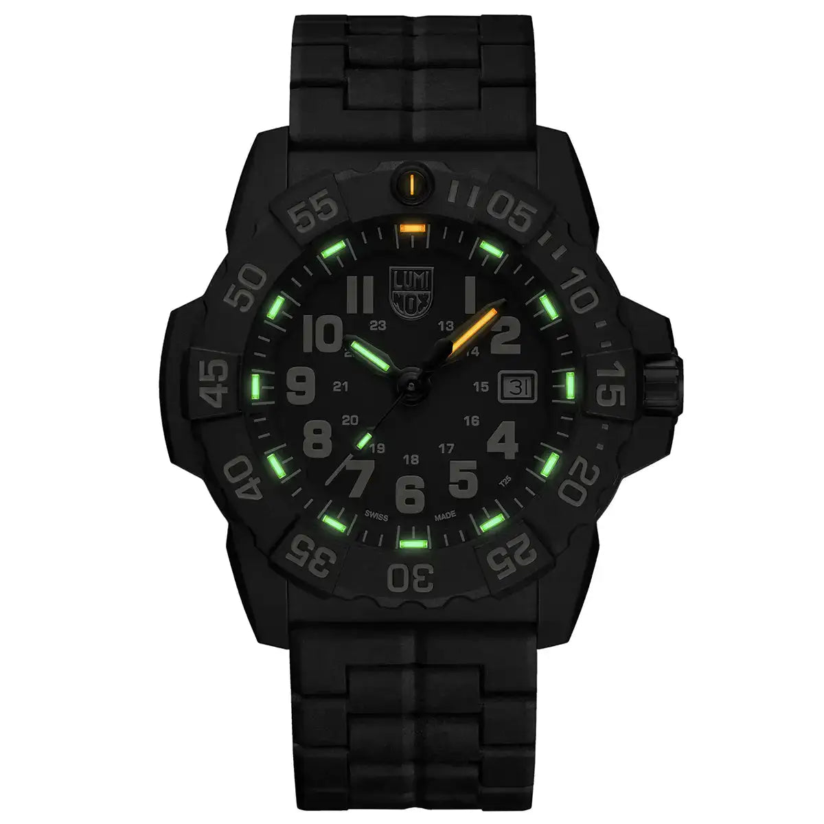 Luminox Navy Seal Military Black Dive Watch 45mm XS.3510 glowing in low light with green and orange luminescent markers for night visibility.  from  John Bull Clothing 