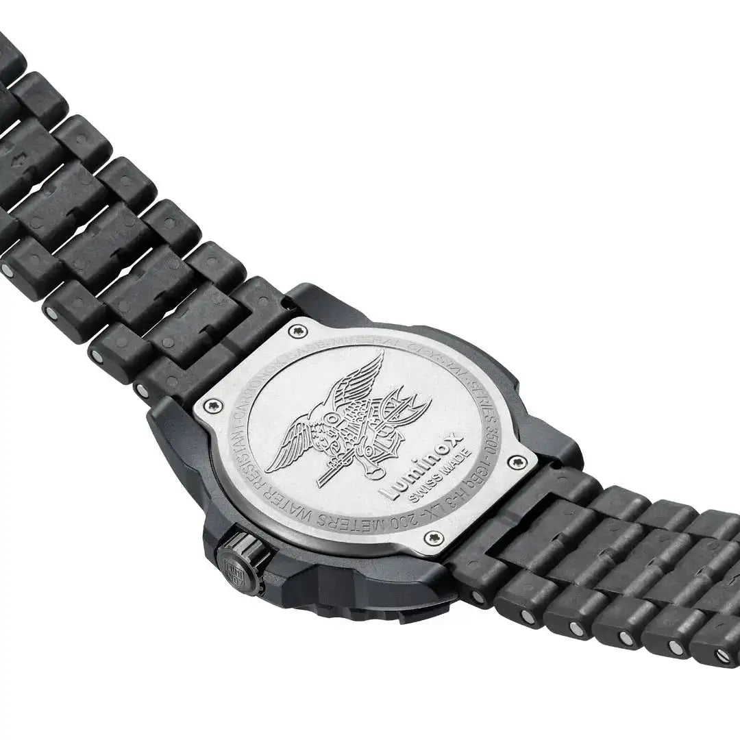 Back view of Luminox Navy Seal Military Black Dive Watch 45mm XS.3510 featuring Navy SEAL insignia engraved on stainless steel case back.  from  John Bull Clothing 