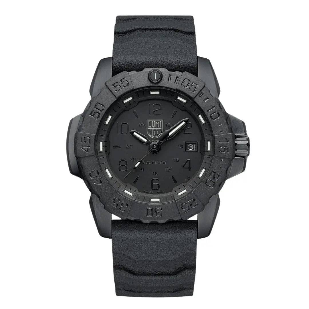 Luminox Navy Seal Steel 3250 Series Black 45mm XS.3251.BO.CB analogue watch with a rugged black dial, luminous markers, and durable rubber strap.