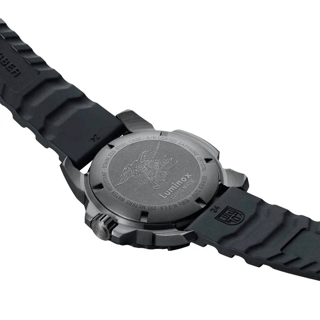 Back view of the Luminox Navy Seal Steel 3250 Series Black 45mm XS.3251.BO.CB watch, showcasing the engraved case back with Navy SEAL insignia.