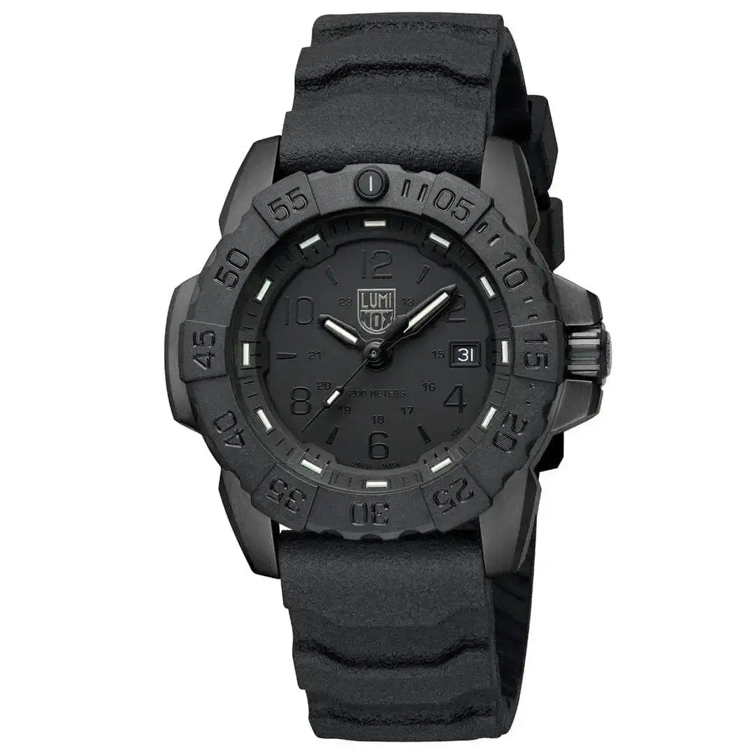 Luminox Navy Seal Steel 3250 Series Black 45mm XS.3251.BO.CB tactical watch with a bold black design, luminous markers, and a durable rubber strap.  from  John Bull Clothing 
