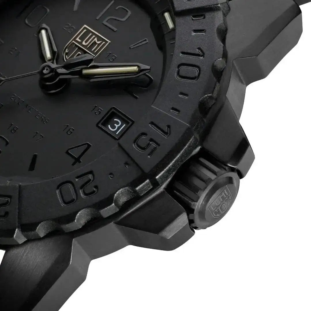 Detailed side view of the Luminox Navy Seal Steel 3250 Series Black 45mm XS.3251.BO.CB watch, showing the textured bezel and engraved crown.  from  John Bull Clothing 