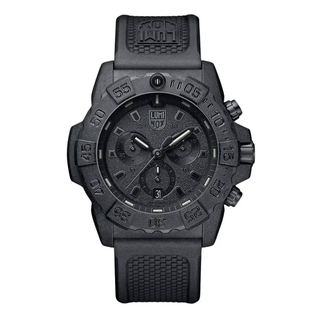 Luminox Navy Seal Steel 3580 Series Chronograph Watch with a 43mm black CARBONOX case and rugged rubber strap. Features a durable tactical design.