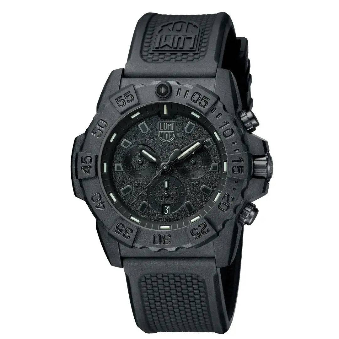 Close-up of the Luminox Navy Seal Steel 3580 Series Chronograph Watch, featuring a black CARBONOX case, rotating bezel, and chronograph functionality.
