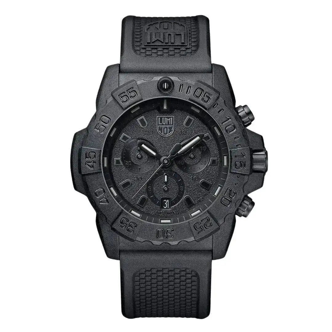Luminox Navy Seal Steel 3580 Series Chronograph Watch with a 43mm black CARBONOX case and rugged rubber strap. Features a durable tactical design.  from  John Bull Clothing 