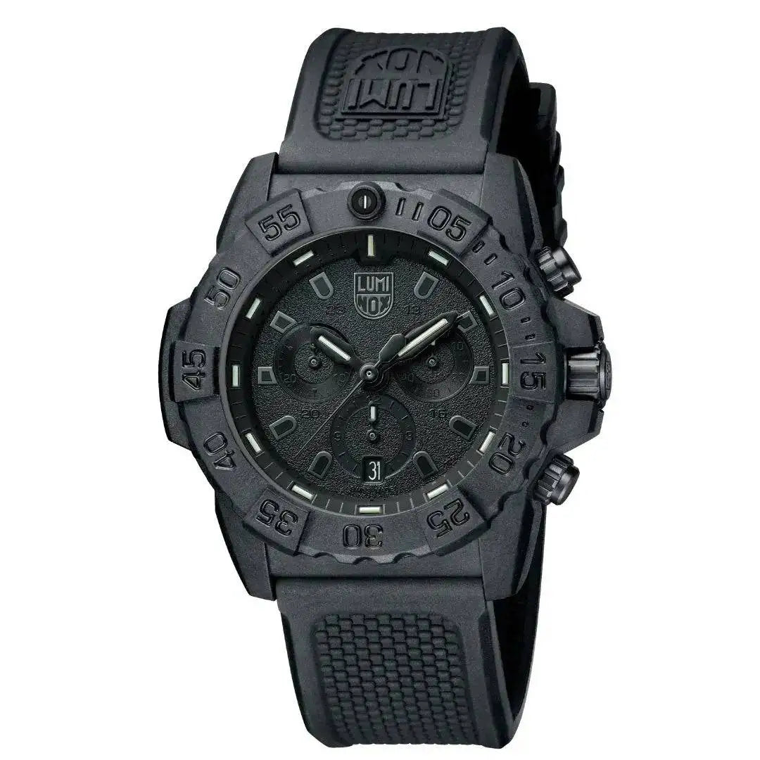 Close-up of the Luminox Navy Seal Steel 3580 Series Chronograph Watch, featuring a black CARBONOX case, rotating bezel, and chronograph functionality.  from  John Bull Clothing 