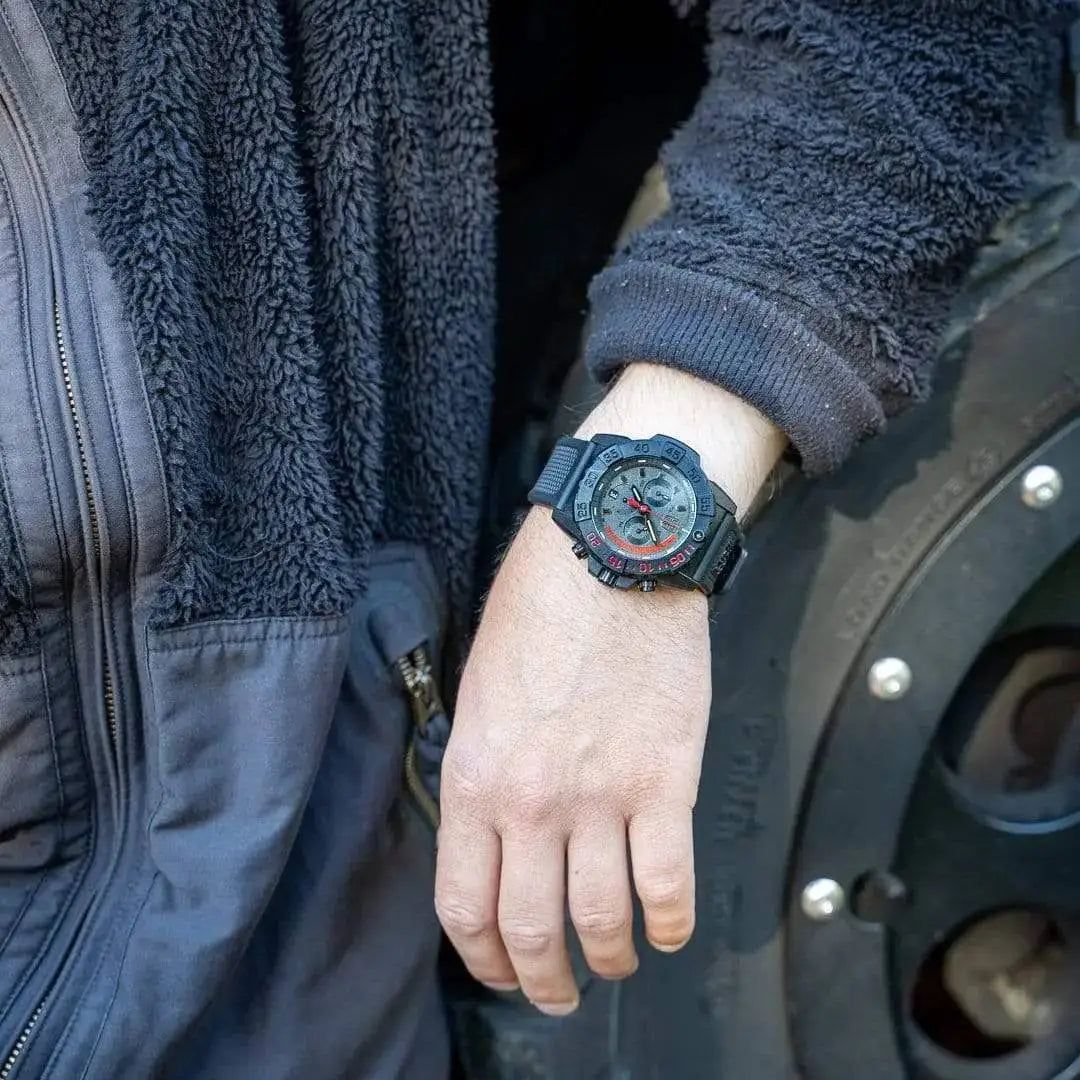 Luminox Navy Seal Steel 3580 Series Chronograph Watch XS.3581.EY worn on wrist, demonstrating its bold tactical design and durability.  from  John Bull Clothing 