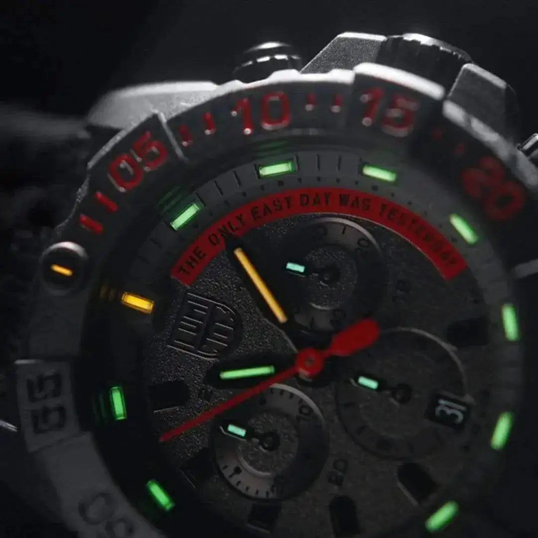 Close-up of Luminox Navy Seal Steel 3580 Series Chronograph Watch XS.3581.EY showcasing luminescent markers and rugged dial details.  from  John Bull Clothing 