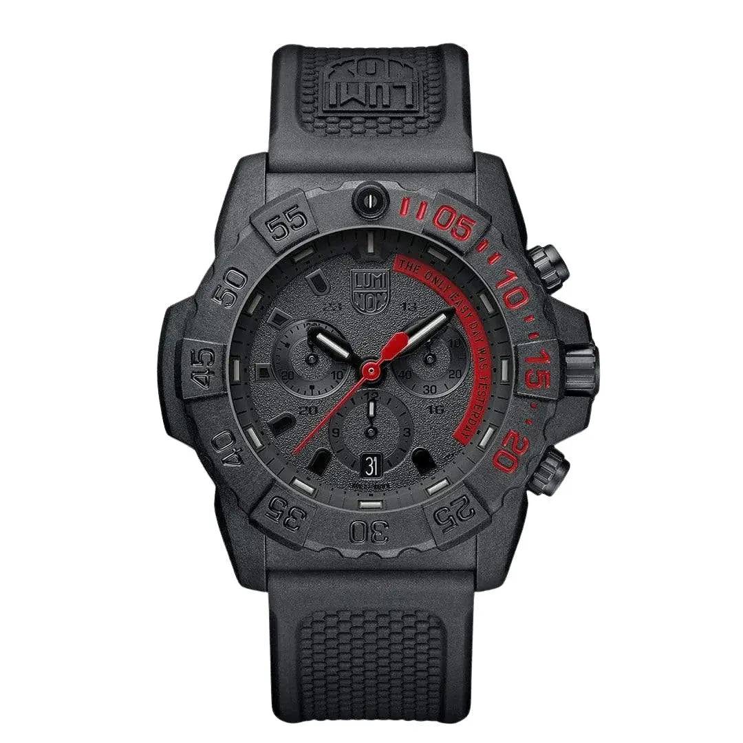 Luminox Navy Seal Steel 3580 Series Chronograph Watch XS.3581.EY with black carbonox case, red accents, and rugged rubber strap.