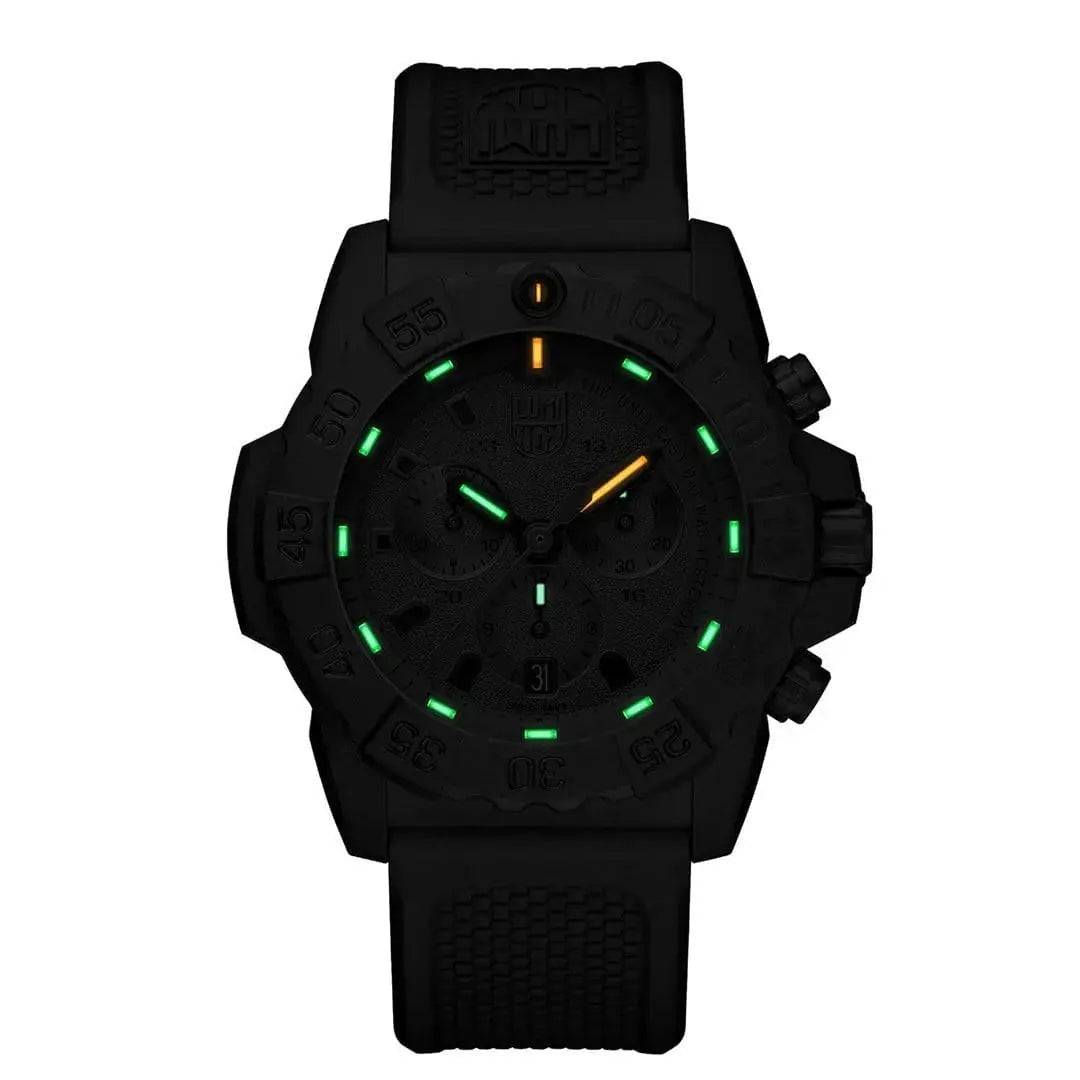 Luminox Navy Seal Steel 3580 Series Chronograph Watch XS.3581.EY featuring luminescent green and yellow markers for night visibility.