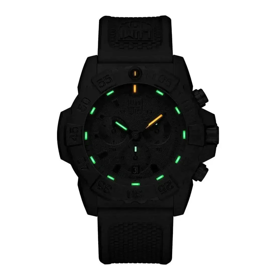 Luminox Navy Seal Steel 3580 Series Chronograph Watch XS.3581.EY featuring luminescent green and yellow markers for night visibility.  from  John Bull Clothing 