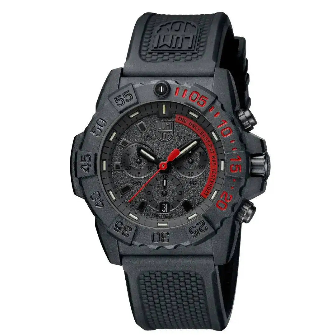 Luminox Navy Seal Steel 3580 Series Chronograph Watch XS.3581.EY with bold red and black dial, durable construction, and tactical design.  from  John Bull Clothing 