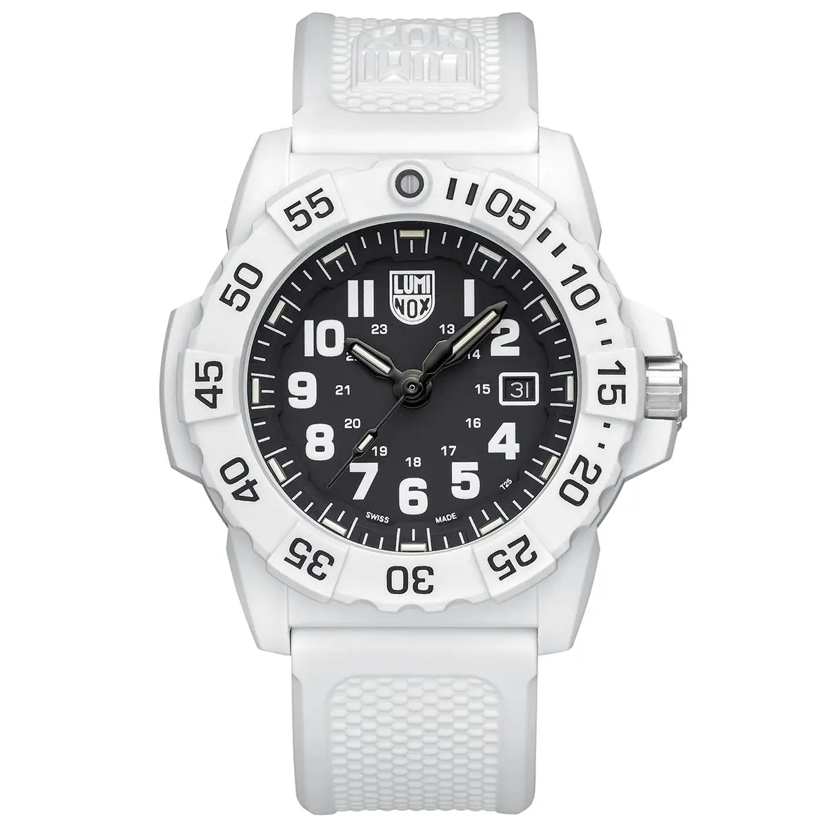 Luminox Navy Seal White Military Dive Watch 45mm XS.3507.WB with black dial, white bezel, and durable white strap for rugged outdoor use.