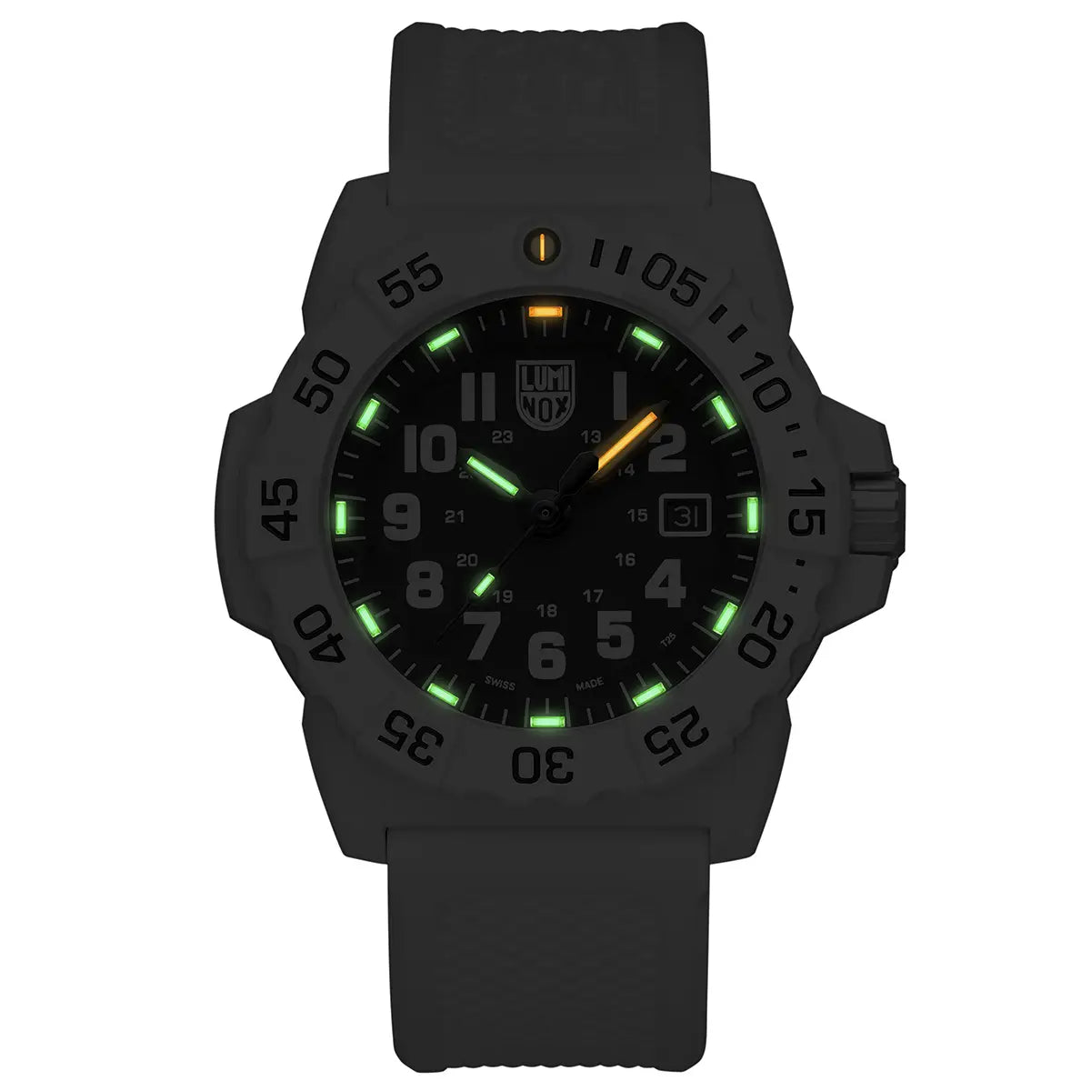 Luminox Navy Seal White Military Dive Watch 45mm XS.3507.WB glowing in the dark with green and orange luminescent markers for night visibility.