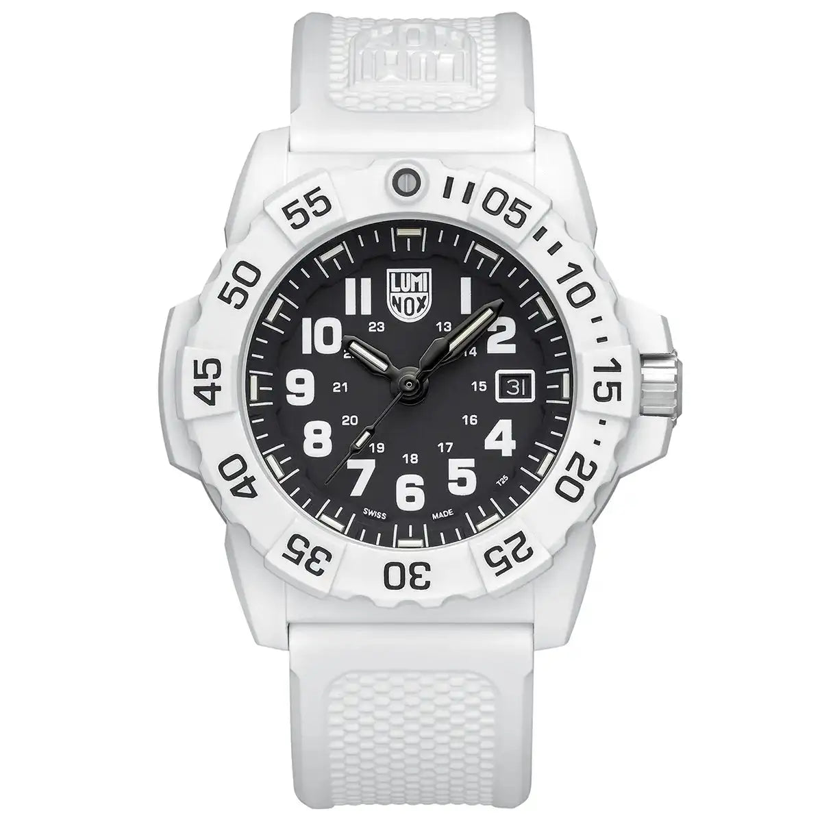 Luminox Navy Seal White Military Dive Watch 45mm XS.3507.WB with black dial, white bezel, and durable white strap for rugged outdoor use.  from  John Bull Clothing 