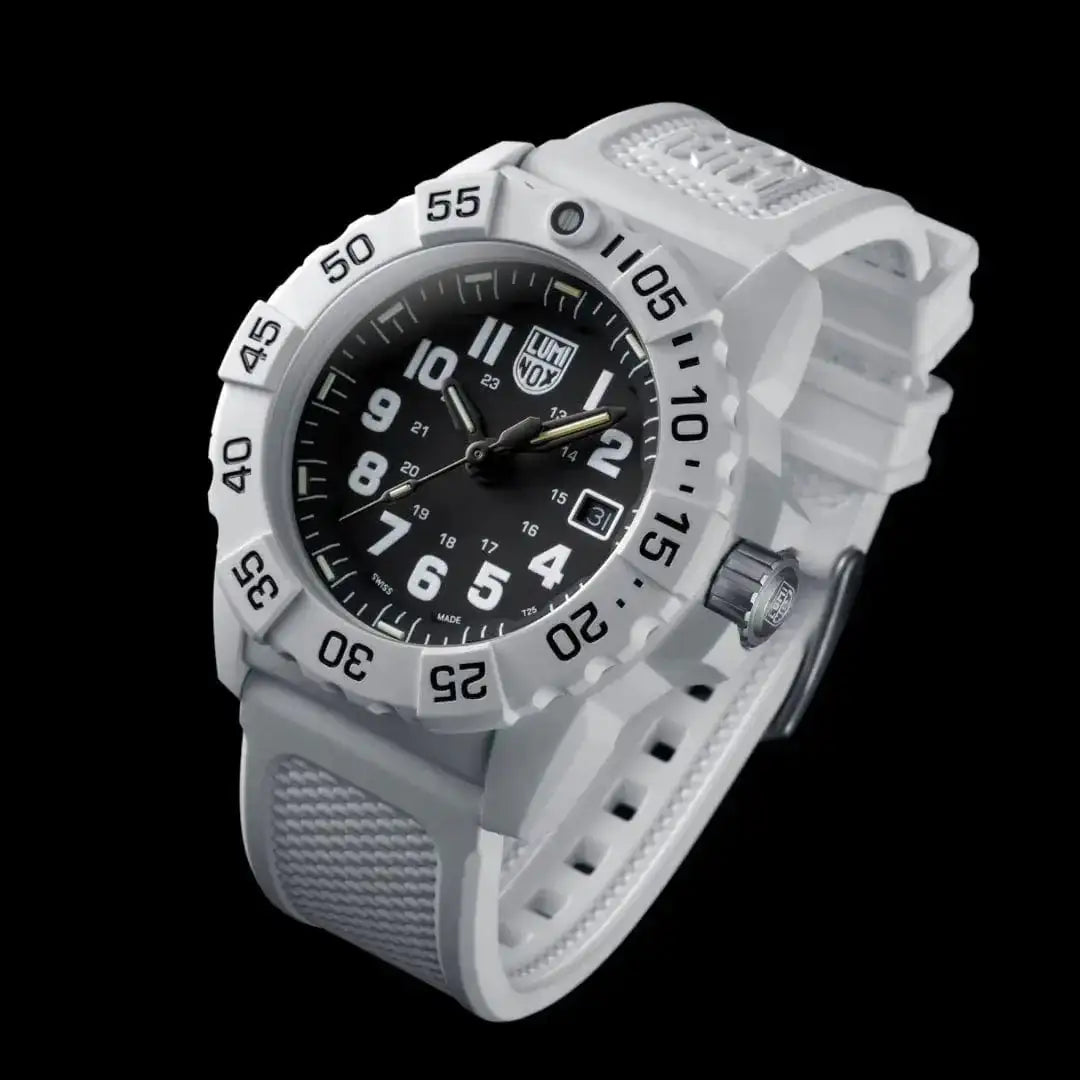 Angled view of Luminox Navy Seal White Military Dive Watch 45mm XS.3507.WB showcasing bold design and tactical build for outdoor adventures.  from  John Bull Clothing 