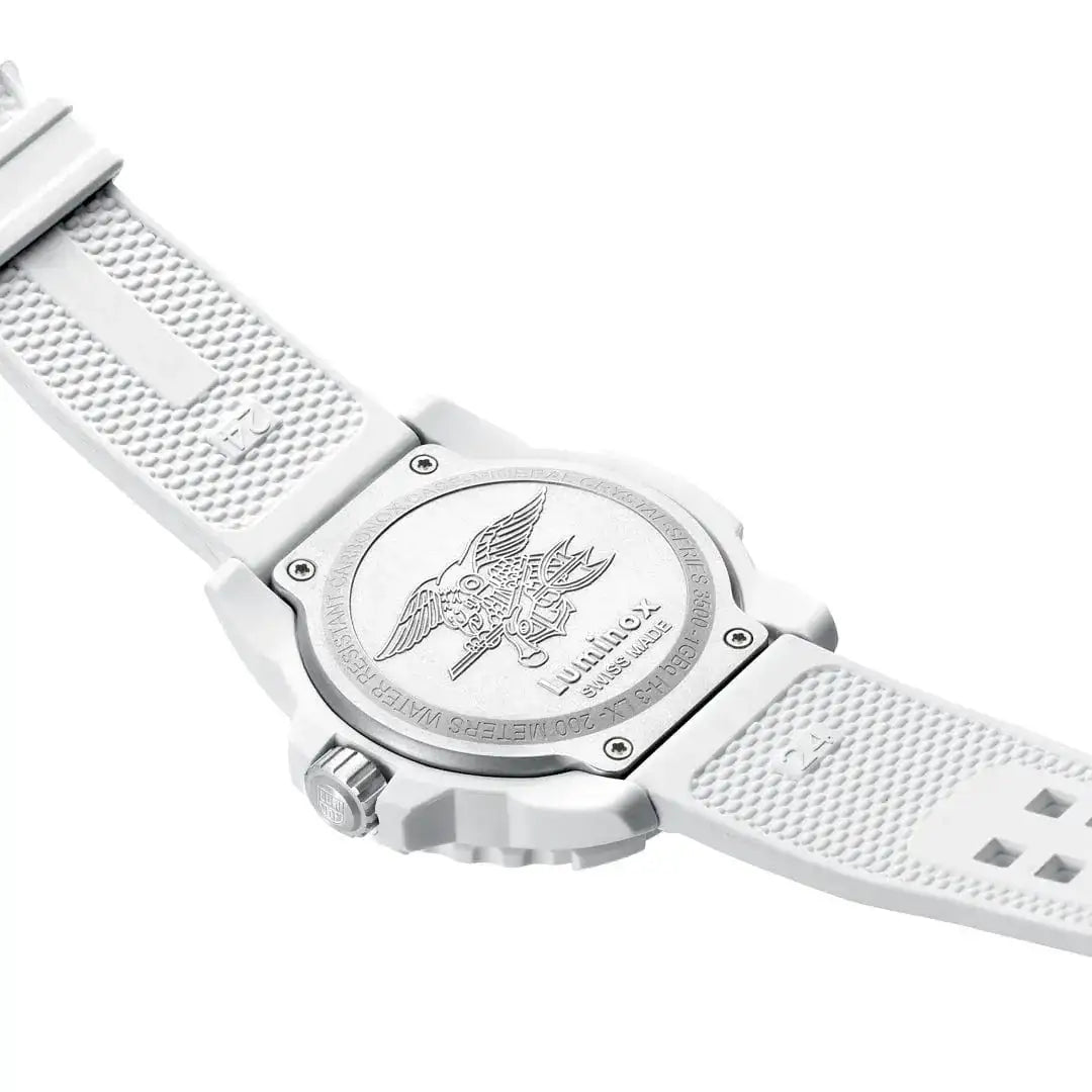 Back case of Luminox Navy Seal White Military Dive Watch 45mm XS.3507.WB featuring engraved Navy SEAL emblem and water resistance details.  from  John Bull Clothing 