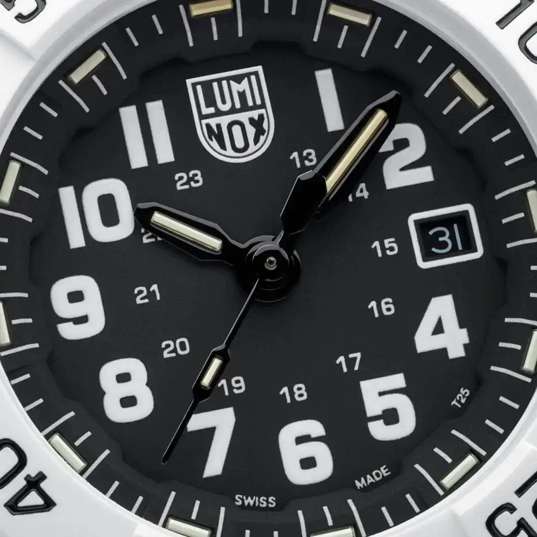 Close-up of Luminox Navy Seal White Military Dive Watch 45mm XS.3507.WB dial showing bold numerals, date window, and Swiss-made precision.  from  John Bull Clothing 