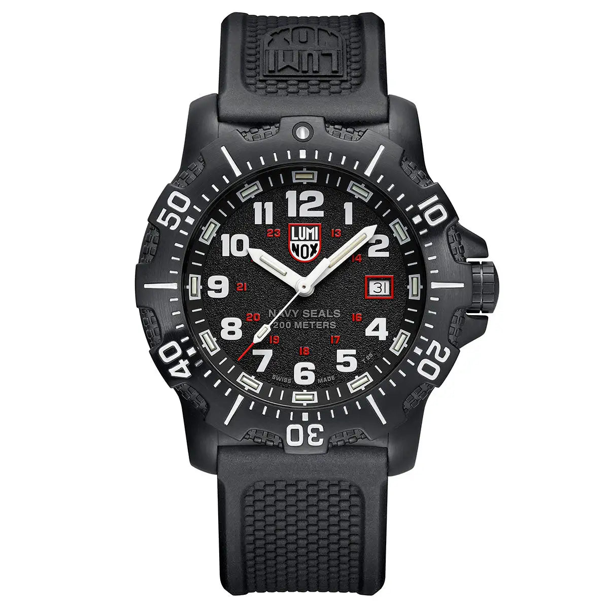 Luminox Navy Series Watch 4230 Series XS.4231.SET with a black dial, white numerals, and red accents, featuring a rugged black rubber strap.  from  John Bull Clothing 