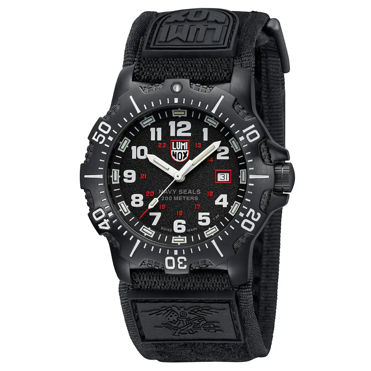 Side view of the Luminox Navy Series Watch 4230 Series XS.4231.SET, highlighting its rugged black case, textured bezel, and durable fabric strap.  from  John Bull Clothing 