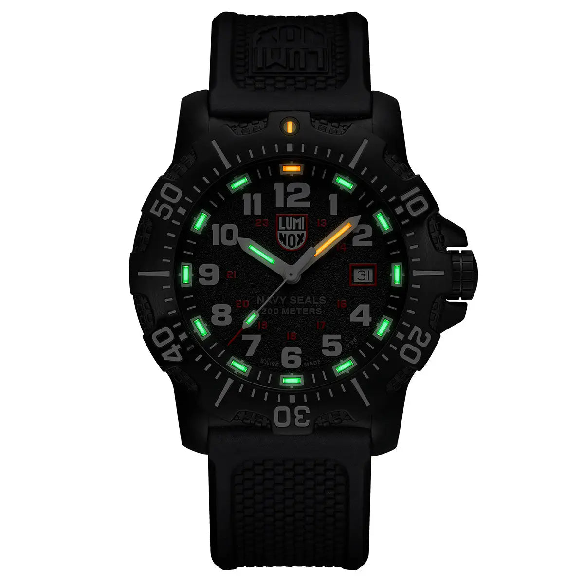 Luminox Navy Series Watch 4230 Series XS.4231.SET illuminated in low light, showcasing its self-powered tritium gas tube technology for visibility.  from  John Bull Clothing 