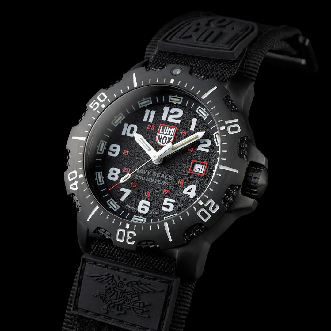 Angled close-up of the Luminox Navy Series Watch 4230 Series XS.4231.SET, emphasizing its luminous dial, bold numerals, and durable black case.  from  John Bull Clothing 