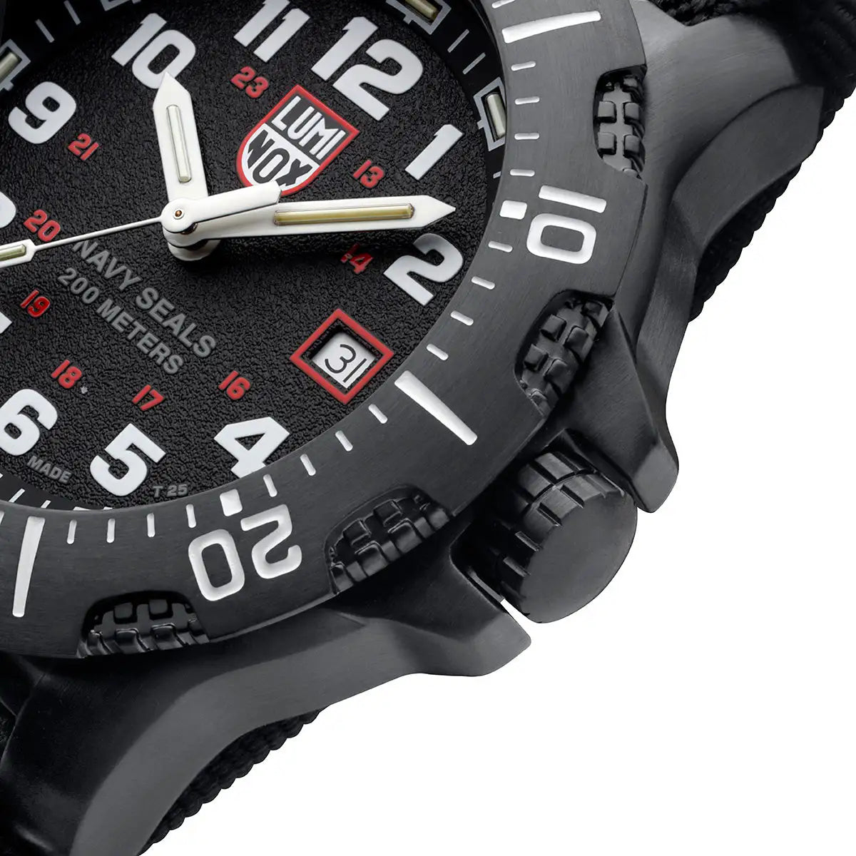 Detailed side view of the Luminox Navy Series Watch 4230 Series XS.4231.SET, emphasizing the textured bezel, crown guard, and robust case design.  from  John Bull Clothing 