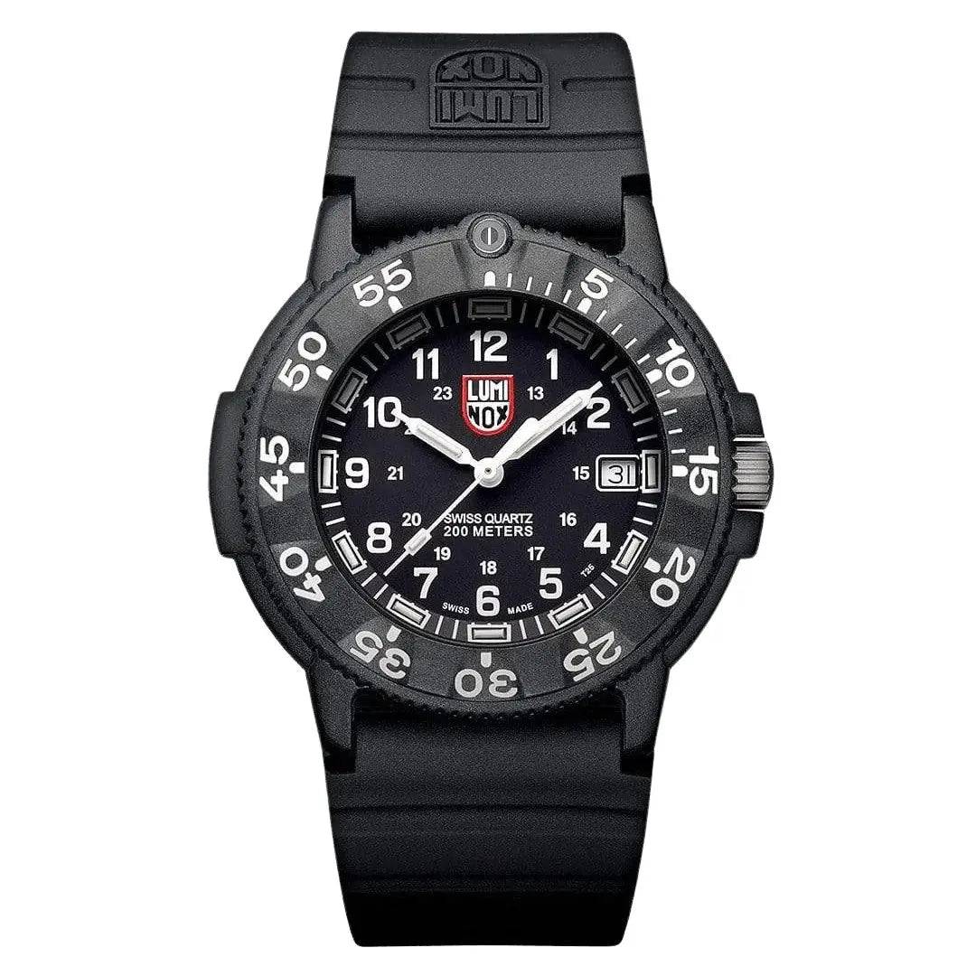 Luminox Original Navy Seal 3000 Series Diver Watch XS.3001.F with a 43mm black CARBONOX case, white numerals, and Swiss quartz movement.