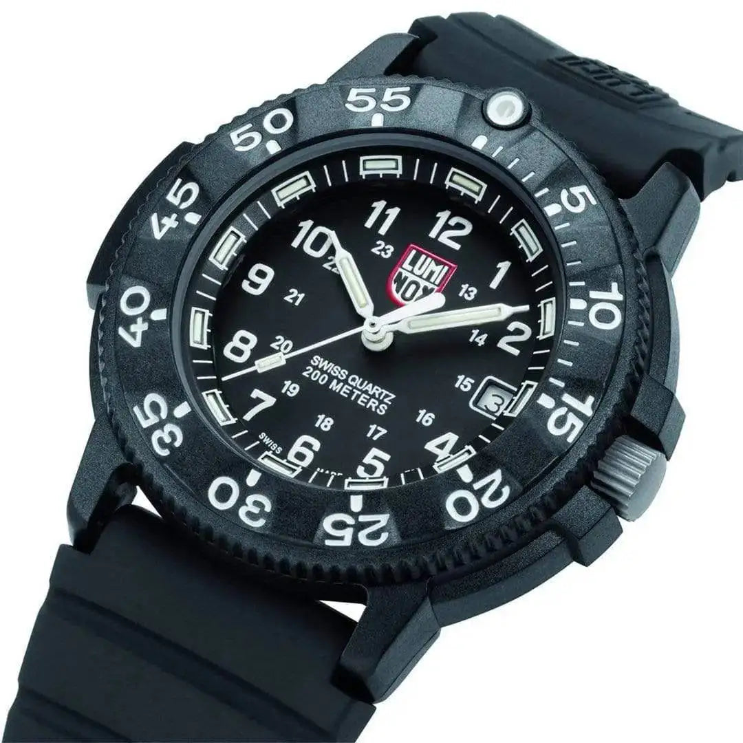 Angled view of Luminox Navy Seal 3000 Series Diver Watch XS.3001.F featuring a black rubber strap, rotating bezel, and Swiss quartz movement.  from  John Bull Clothing 