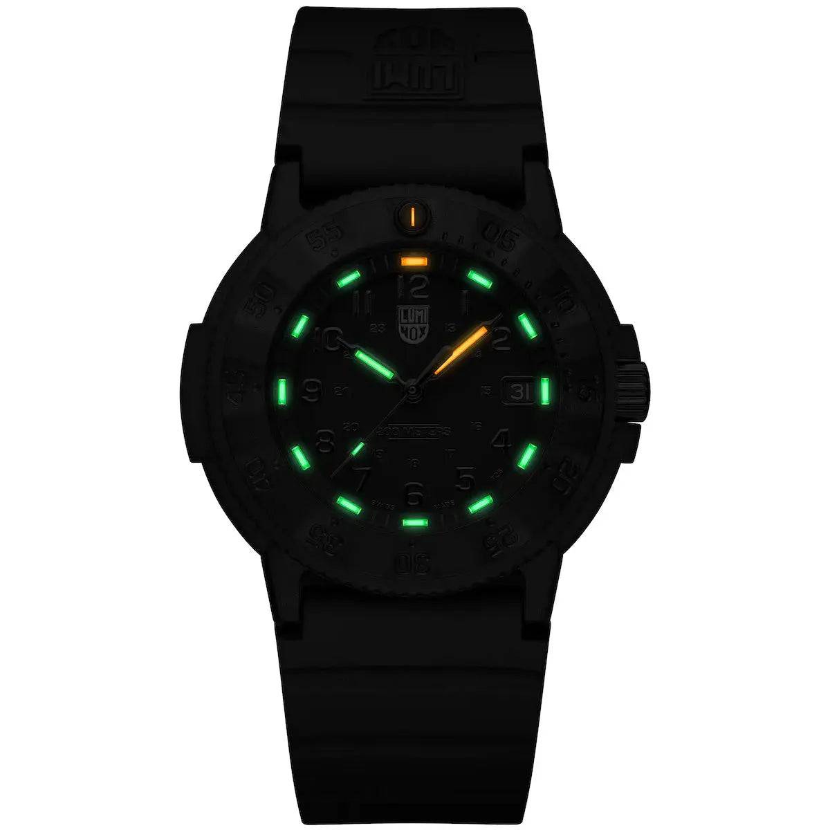 Luminox Original Navy Seal 3000 Series Watch featuring self-powered illumination with green and orange tritium tubes for superior night visibility.