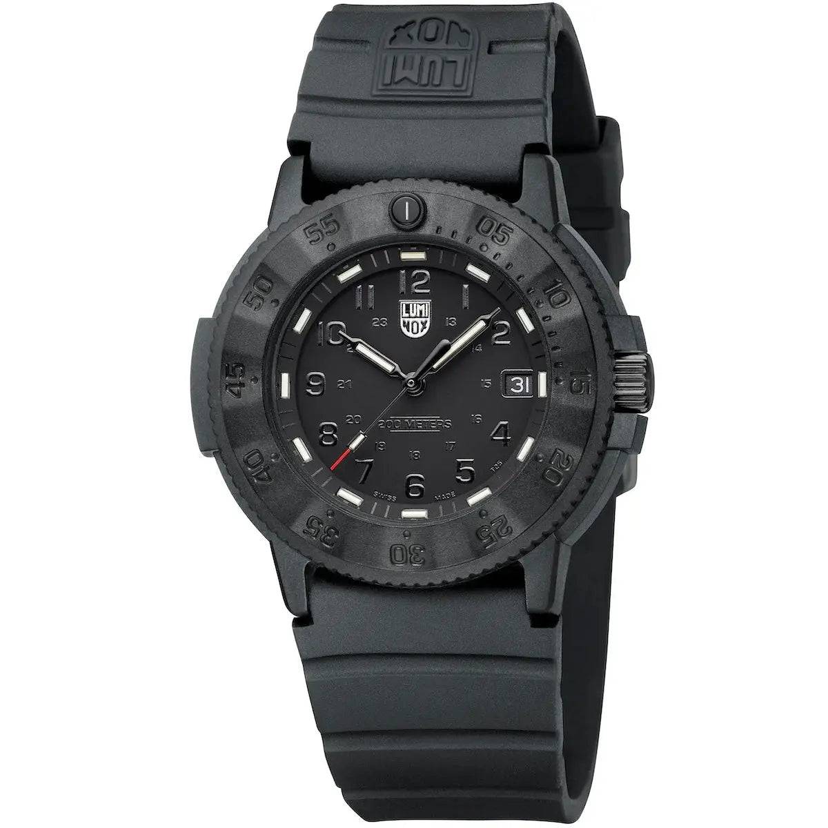 Luminox Original Navy Seal 3000 Series Watch in black with a 43mm carbon-reinforced case and durable rubber strap, designed for military-grade performance.