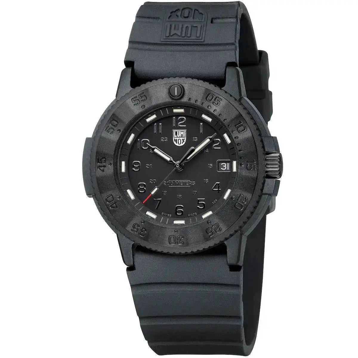 Luminox Original Navy Seal 3000 Series Watch in black with a 43mm carbon-reinforced case and durable rubber strap, designed for military-grade performance.  from  John Bull Clothing 