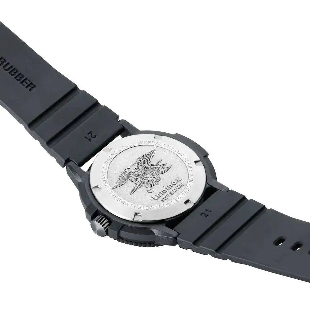 Back view of the Luminox Original Navy Seal 3000 Series Watch, displaying the engraved Navy SEAL emblem on the stainless steel case back.  from  John Bull Clothing 