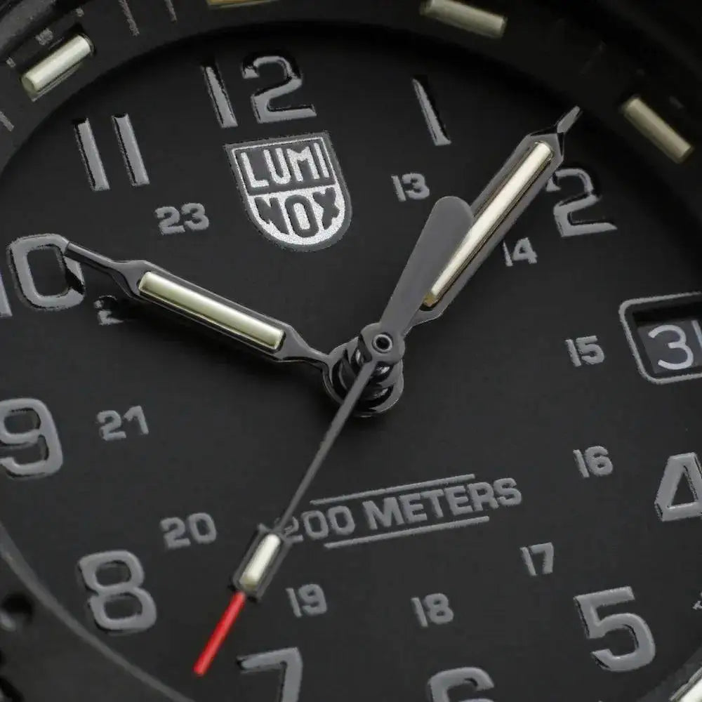 Close-up of the Luminox Original Navy Seal 3000 Series Watch dial, showcasing luminous hands and a rugged black design for tactical use.  from  John Bull Clothing 