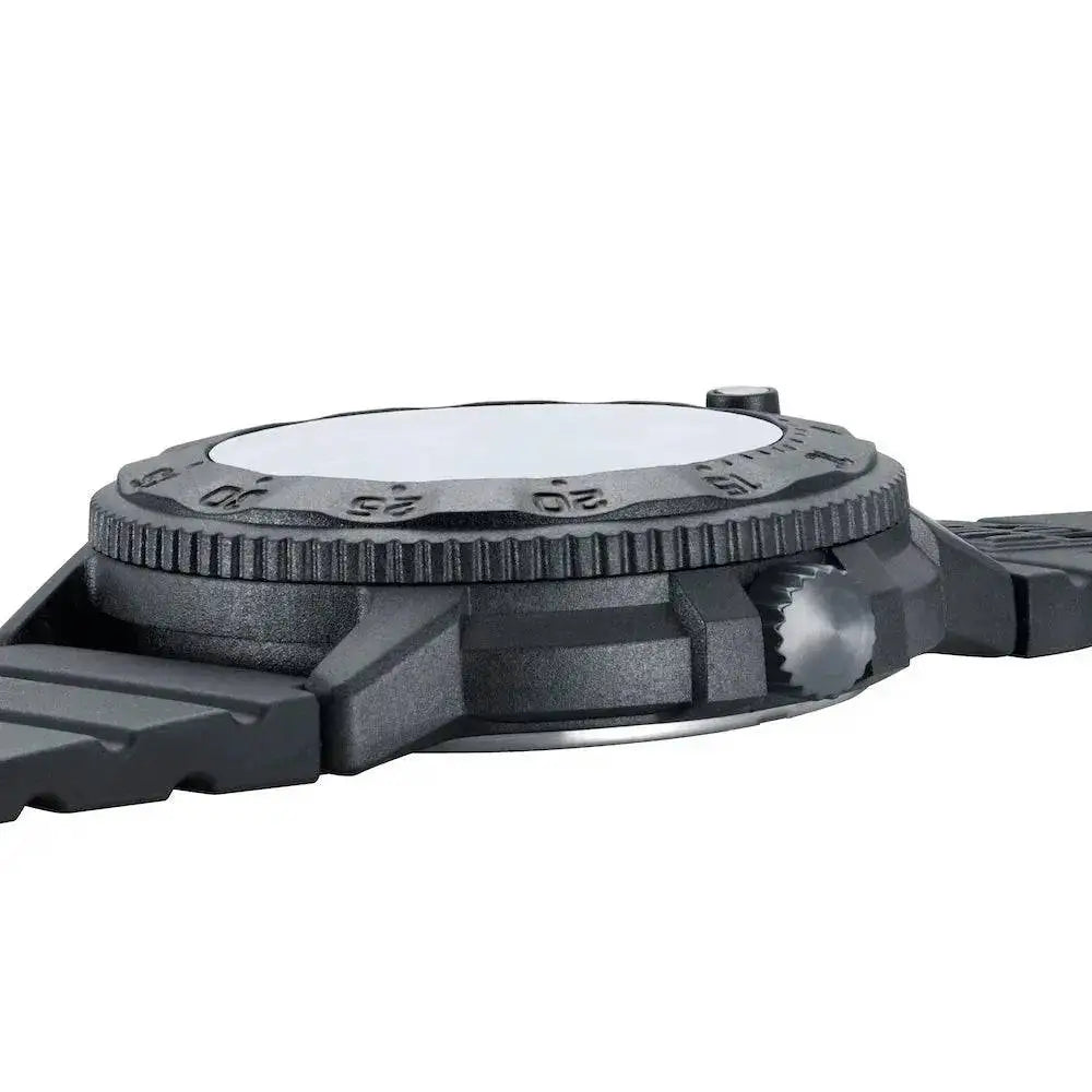 Side profile of the Luminox Original Navy Seal 3000 Series Watch, highlighting its rugged carbon-reinforced case and textured rotating bezel.  from  John Bull Clothing 