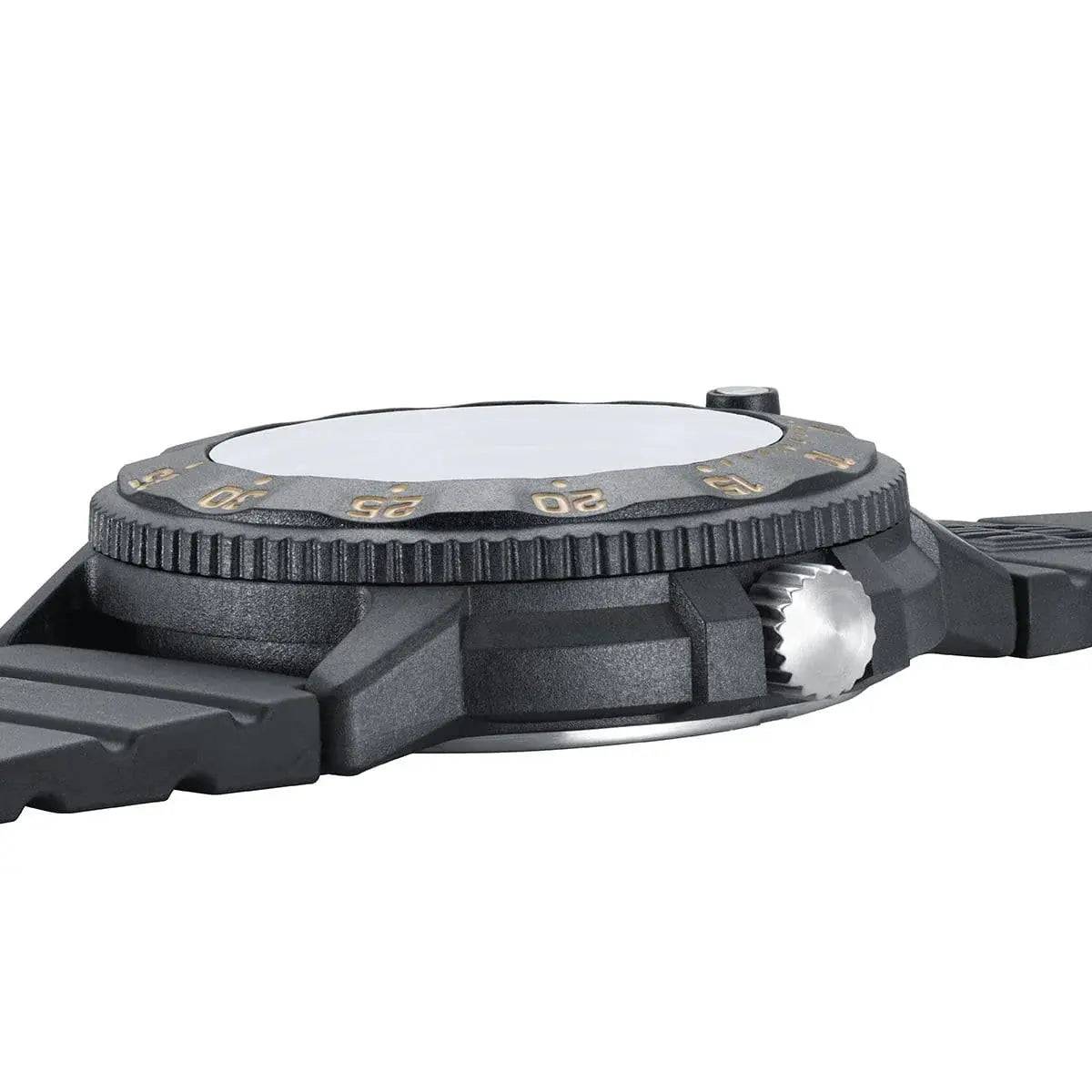Side profile of the Luminox Navy Seal 3000 Series Watch XS.3001.EVO.OR.S, showcasing its robust case and textured bezel.