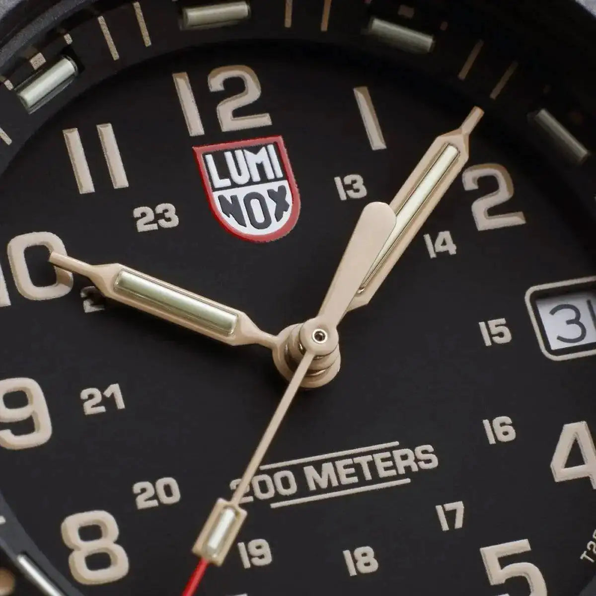Close-up of the Luminox Navy Seal 3000 Series Watch XS.3001.EVO.OR.S dial, highlighting its luminous hands and rugged design.  from  John Bull Clothing 