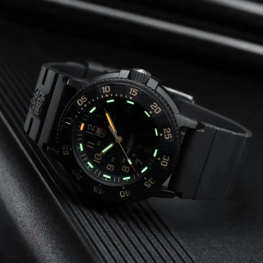 Luminox Original Navy Seal 3000 Series Watch XS.3001.EVO.OR.S displayed at an angle, showcasing its durable black Carbonox case and luminous markers.  from  John Bull Clothing 
