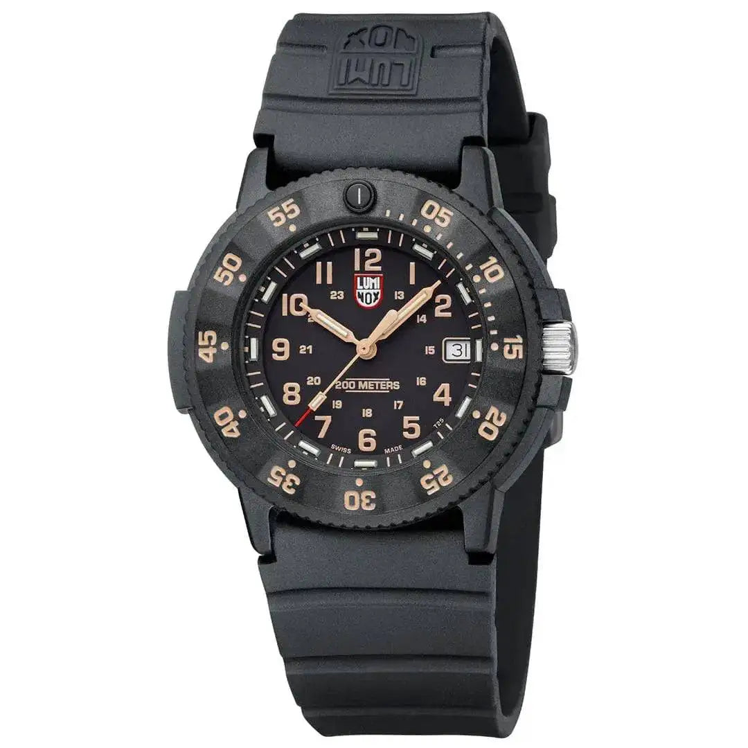 Luminox Original Navy Seal 3000 Series Watch XS.3001.EVO.OR.S with a black rubber strap, designed for durability and comfort in extreme conditions.  from  John Bull Clothing 