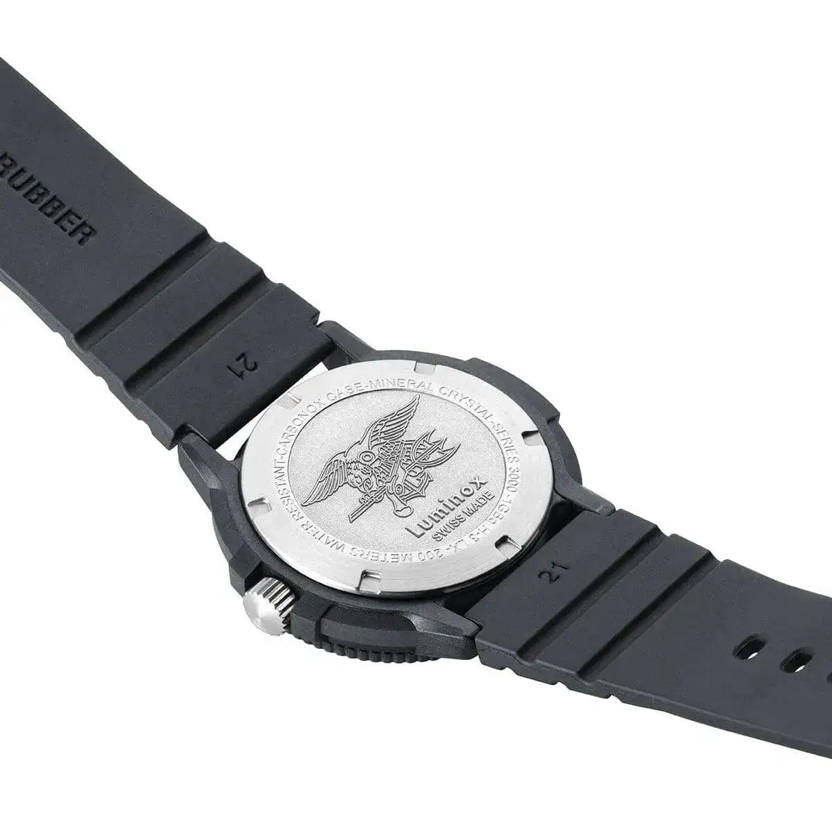 Back view of the Luminox Navy Seal 3000 Series Watch XS.3001.EVO.OR.S, featuring an engraved stainless steel case back with the Navy SEAL emblem.  from  John Bull Clothing 