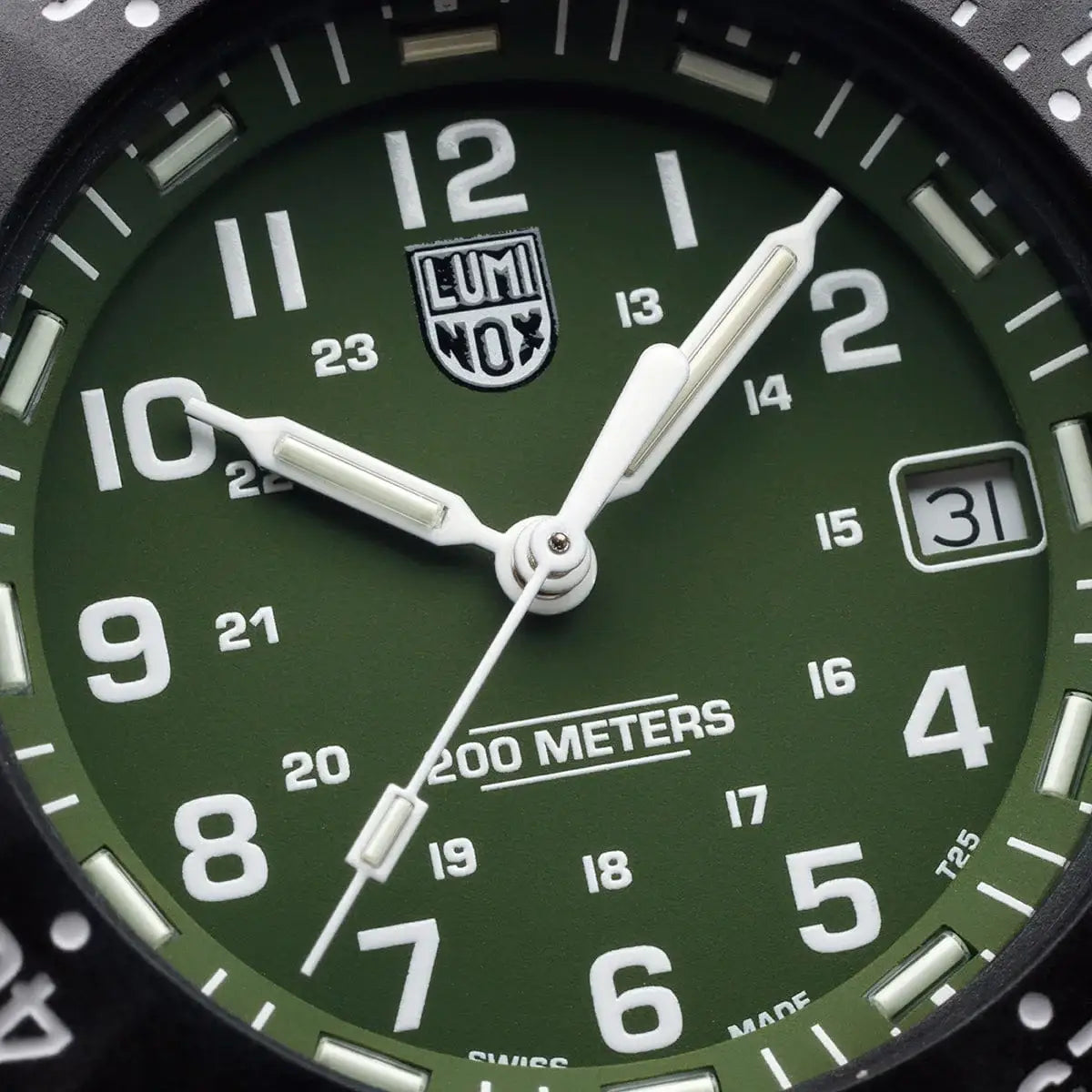 Close-up of Luminox Original Navy Seal 3001 Dive Watch dial showing white hands, date window, and 200 meters water resistance marking.