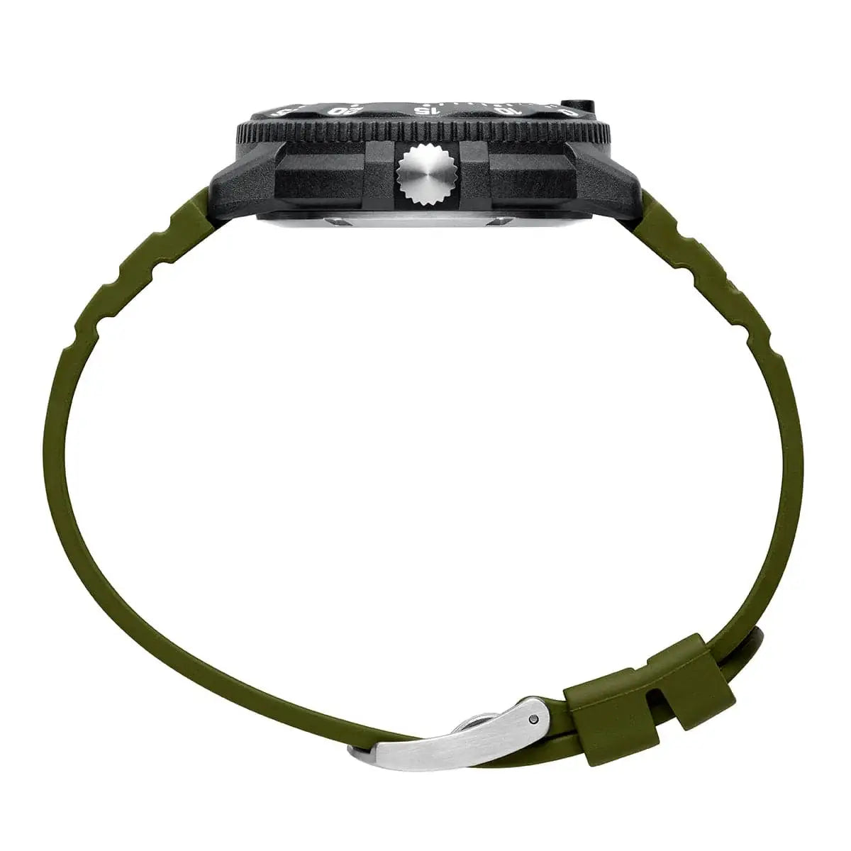 Side view of Luminox Navy Seal 3001 Dive Watch with green rubber strap and stainless steel buckle for secure fit.