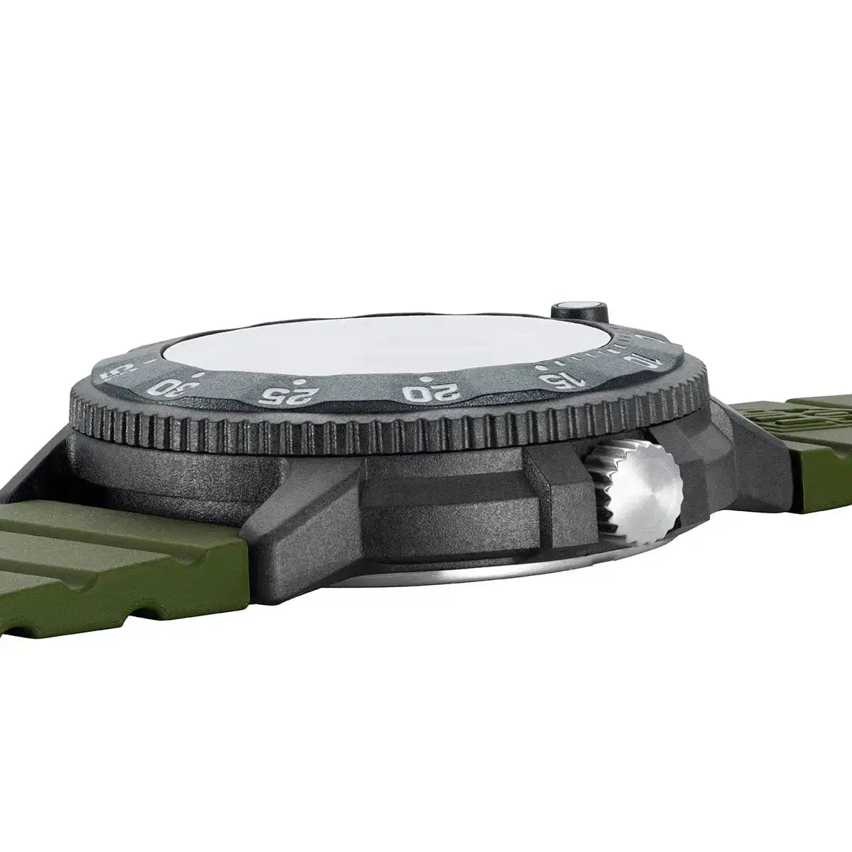 Side profile of Luminox Navy Seal 3001 Dive Watch showing rugged Carbonox case and textured bezel for underwater use.  from  John Bull Clothing 