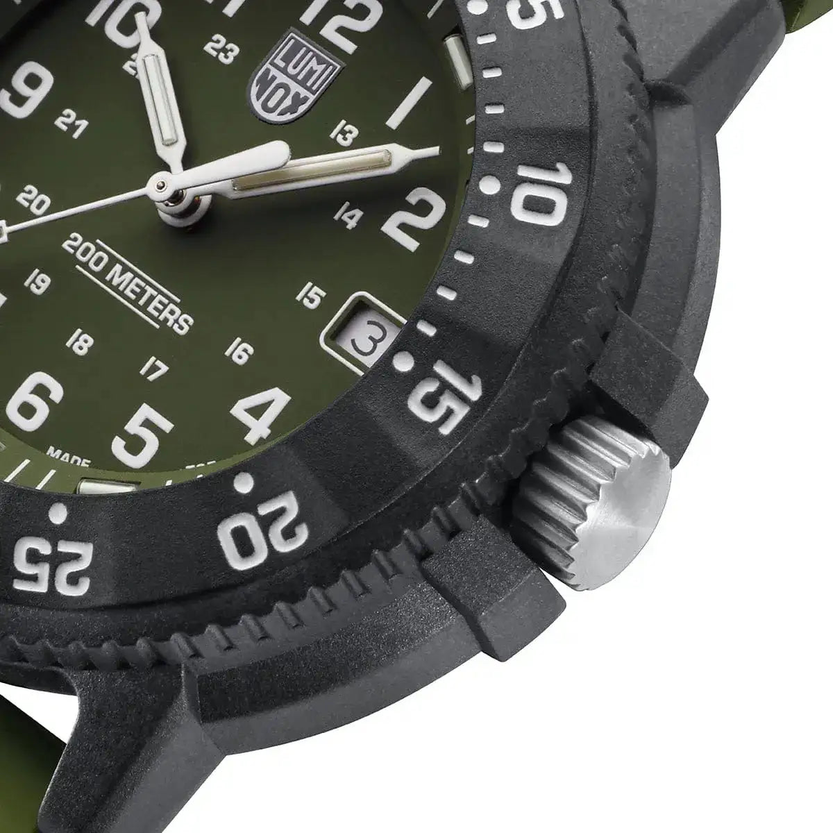 Detailed view of the Luminox Navy Seal 3001 Dive Watch crown and bezel, highlighting rugged Carbonox case and precision design.  from  John Bull Clothing 