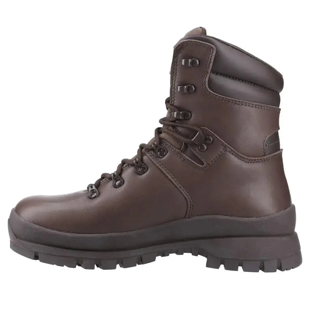 Close-up of brown leather military boot with laces and padded ankle  from  John Bull Clothing 