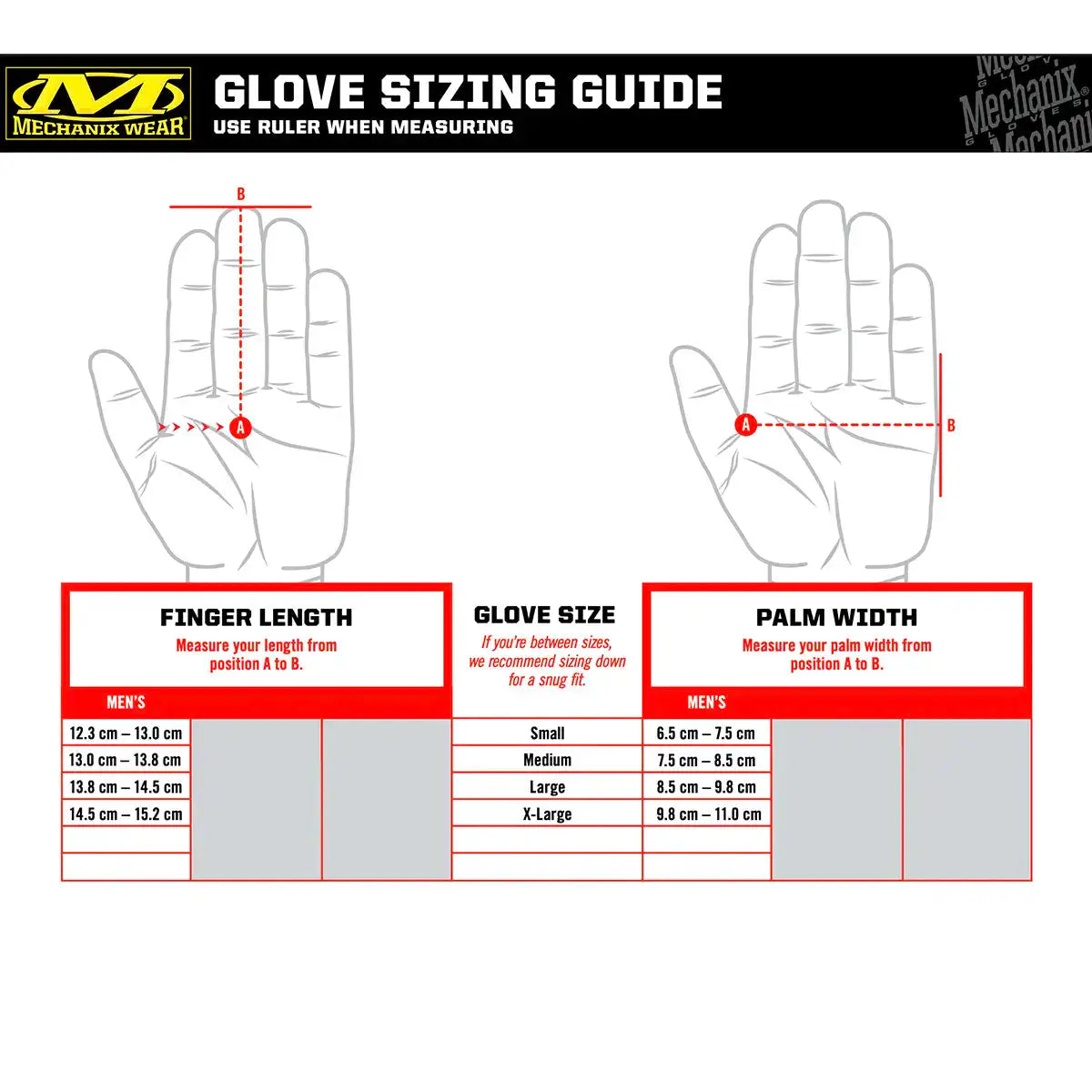 Mechanix glove sizing guide chart showing how to measure finger length and palm width for accurate glove fit selection.  from  John Bull Clothing 