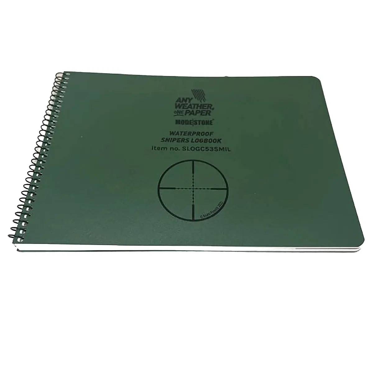 Modestone Snipers Waterproof Logbook A5 with a durable green cover, spiral binding, and waterproof pages for recording shooting data in any weather.