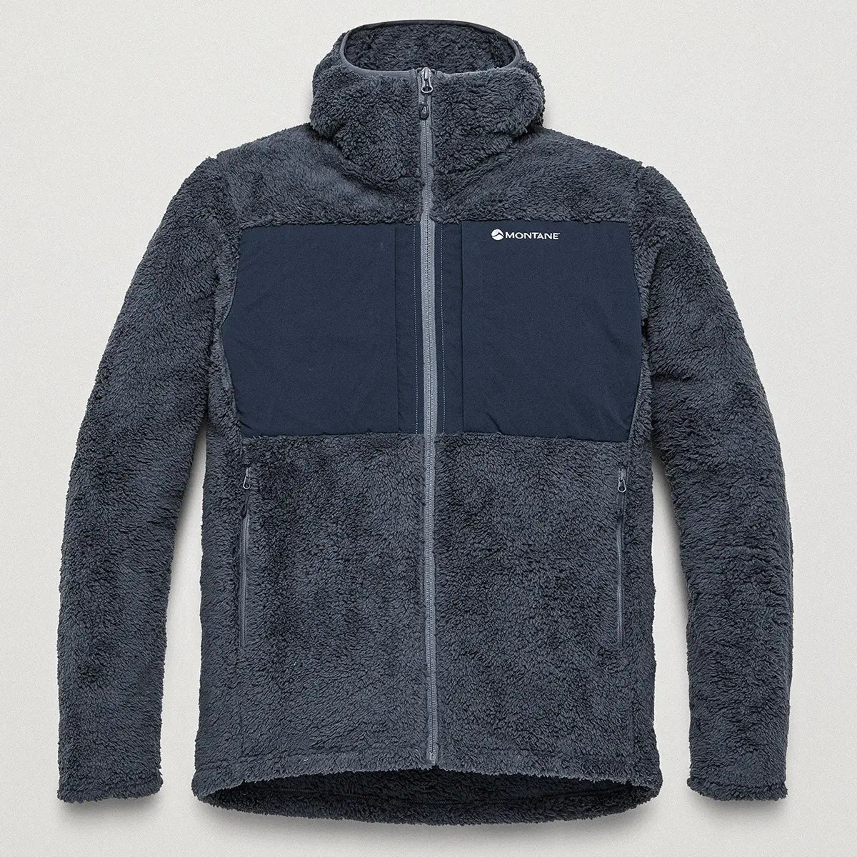 Montane Mens Caldus XT 2.0 Hooded Fleece Jacket in dark gray with black chest panel, high-pile fleece material, full zip, outdoor apparel