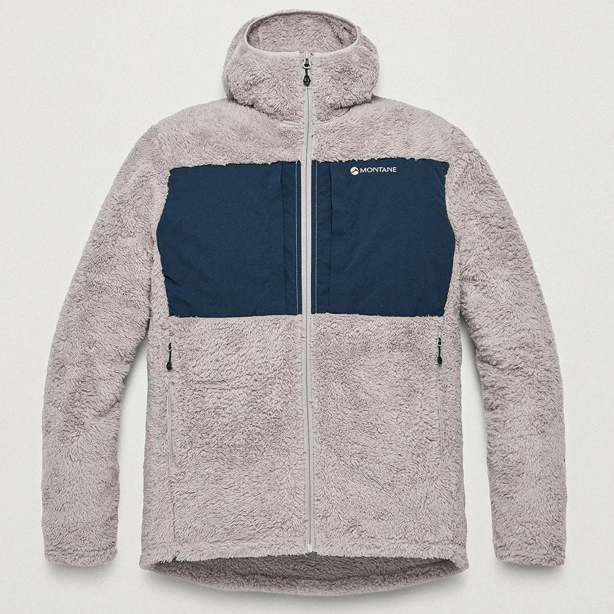 Montane Mens Caldus XT 2.0 Hooded Fleece Jacket in light pink with navy chest panel, plush fleece, full zip, outdoor outerwear