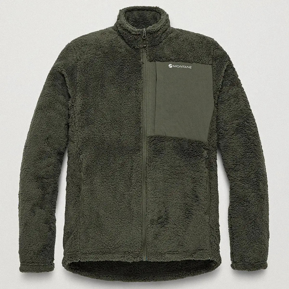 Montane Mens Caldus XT 2.0 fleece jacket in dark green, high-pile fleece material with a zip-up front, chest pocket, and logo detail